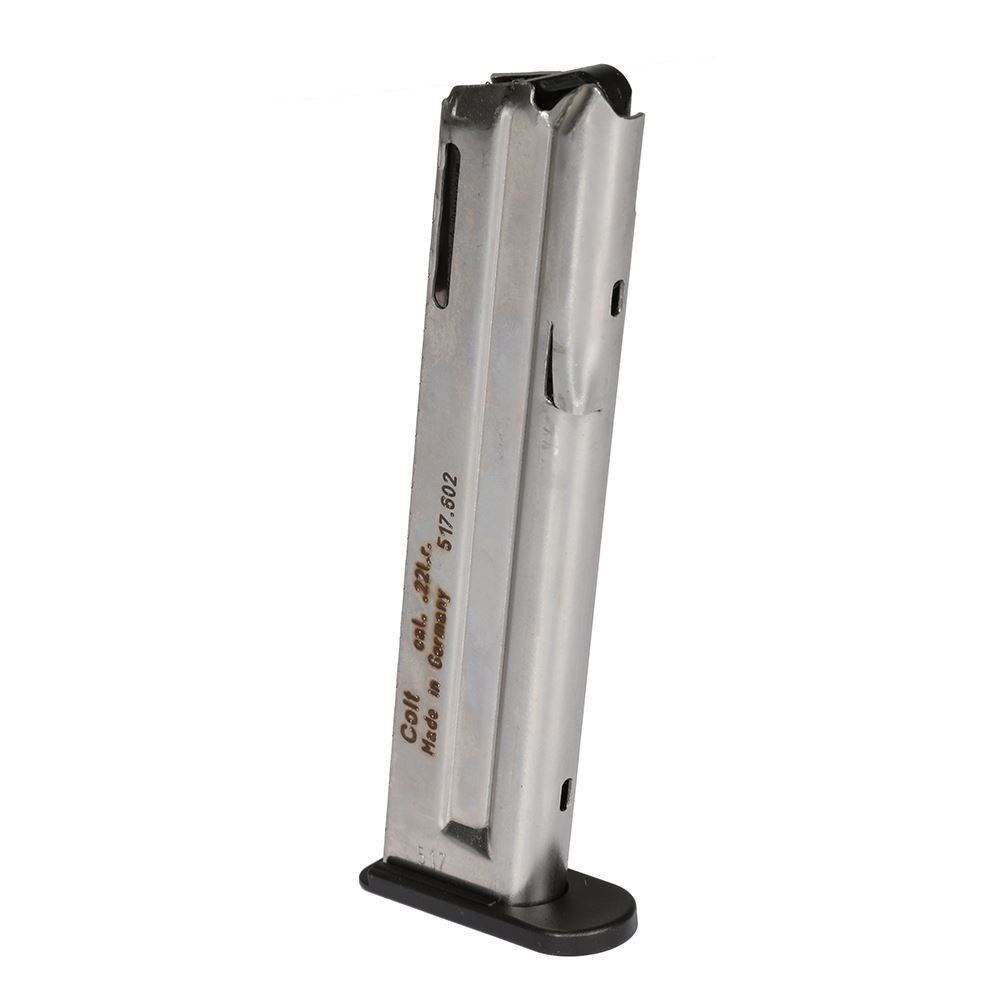 Walther Colt 1911 .22 LR magazine with silver finish and black baseplate for tactical rimfire firearms. MPN: 517604.